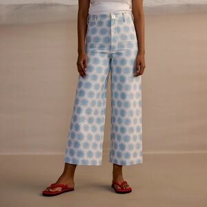 Blue and White Patterned Wide-Leg Pants